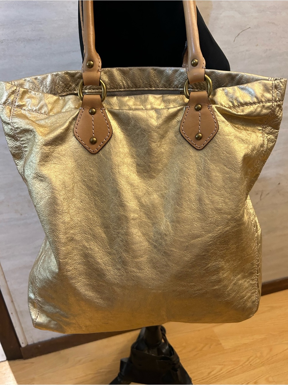 Vintage J.Crew Thompson Slouchy Tote crinkled foil-gold finish. Metallic Leather